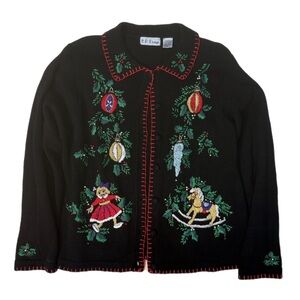 Vintage B.P. Design Black Christmas Holiday Festive Embroidered Cardigan Size XL
